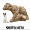 A black and white dog sits next to a large, bear-shaped climbing structure made of rock. Below them is the text: "Play & agility powered by GymsForDogs.com" with a paw print icon.